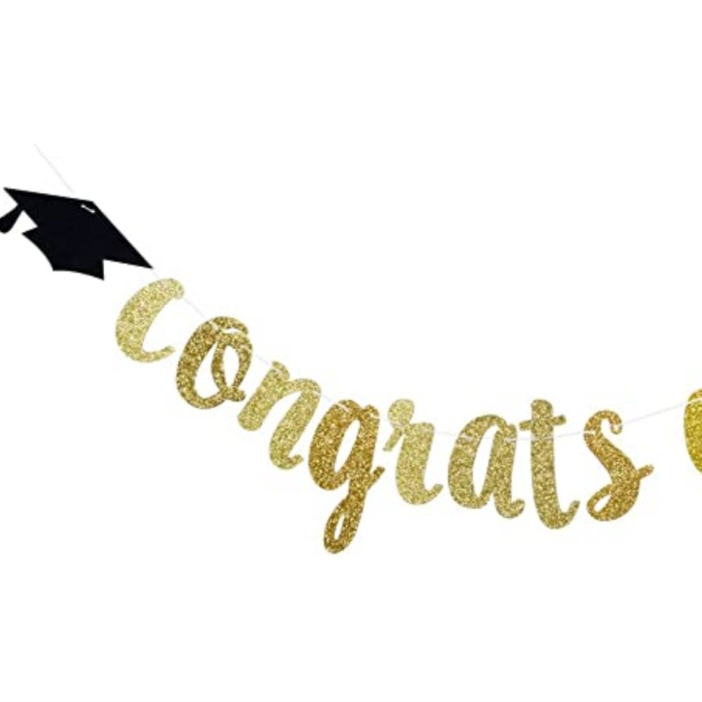 Congrats Grad Gold Glitter Banner Graduate Party Decoration